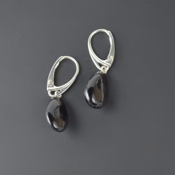 Medium long amber earrings black drop beads